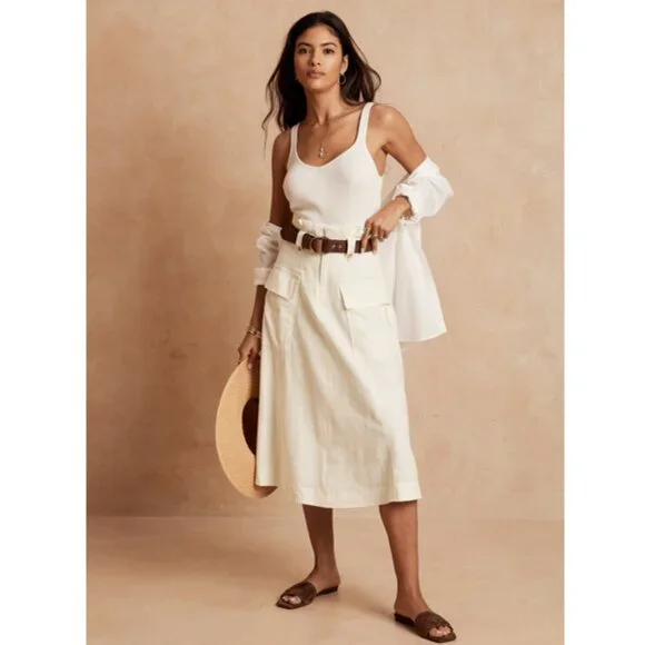 🌷Banana Republic Oversized Pocket Paper Bag Cream Midi A-Line Skirt w/Ti… - Picture 2 of 13